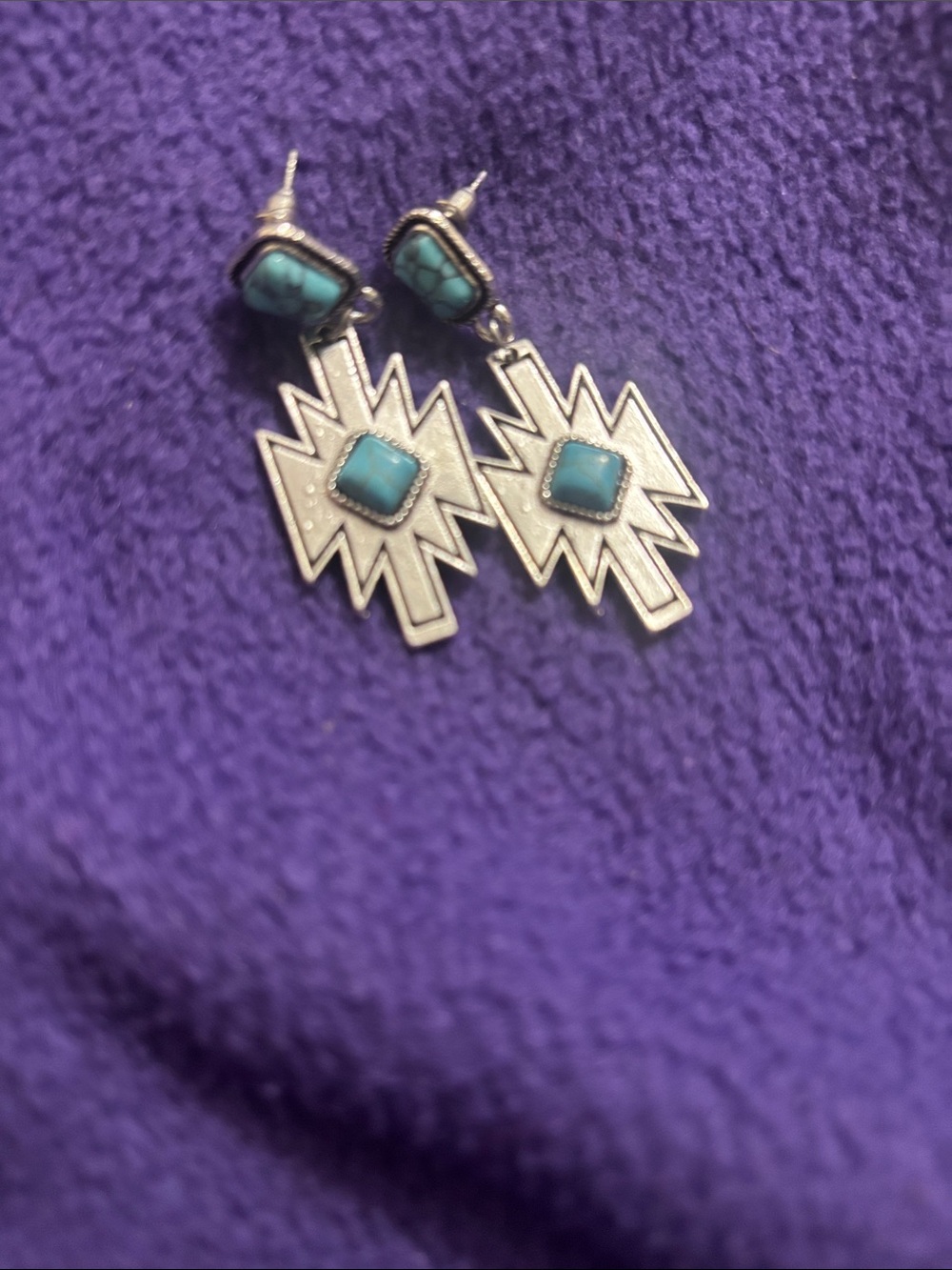 Turquoise Stone Silver Geometric Drop Earrings - Women Jewelry